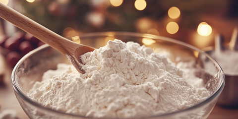 Close up of mixing bowl of white flour being stirred with wooden spoon