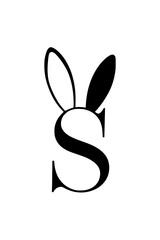 Obraz premium Letter S with bunny ears design, Stylized black letter S featuring playful rabbit ears on a white background, blending modern typography with a fun and whimsical concept. 