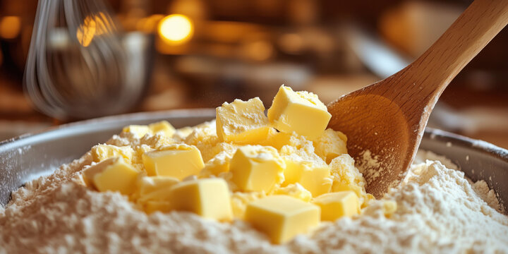 Close up of butter cubes on flour in mixing bowl, ready for baking preparation - Powered by Adobe