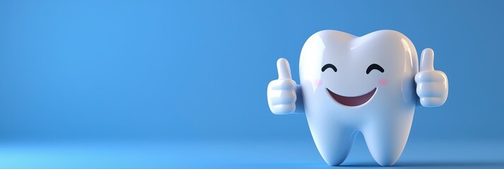 Happy cartoon tooth character with thumbs up, smiling against a blue background, promoting dental health and hygiene