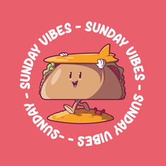 A Taco character holding a surfboard vector illustration. Food, sports design concept.