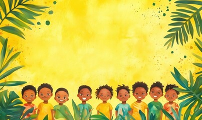 Diverse group of children smiling against vibrant yellow background with tropical leaves, showcasing joy and friendship