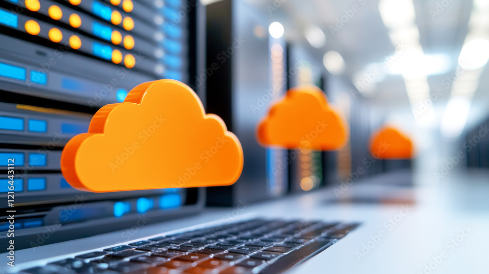 Wall mural cloud computing: a futuristic conceptual image showcasing orange cloud icons floating above a data s
