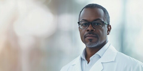 Fototapeta premium Confident African American male doctor in white coat, glasses, professional portrait, healthcare setting, serious expression, medical expertise, modern background
