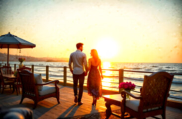 Obraz premium Couple enjoying a romantic walk along the beach at sunset on Valentine's Day. Blurred picture