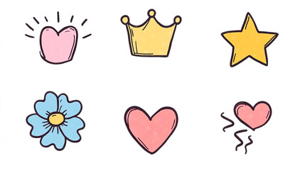 Cute, simple doodle icon set, including a crown, heart, star, flower, lightning bolt,