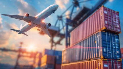 Airplane flying over industrial containers at sunset: global logistics and transportation