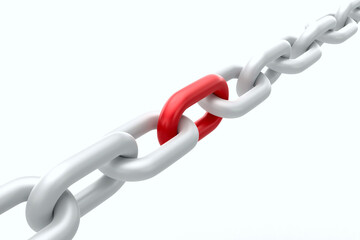 Close-up of white chain with one red link, symbolizing connection, strength, and uniqueness, set against clean white background, 3d rendering