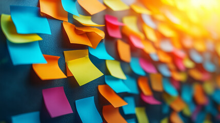 Sticky Note Post It Board Office. Business people meeting at office and use post it notes to share idea. Brainstorming concept. Sticky note on glass wall or blackboard. Set of colorful blank notes. 