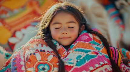 Serene Child Wrapped in Vibrant Textile, Peaceful Expression, Colorful Ethnic Clothing