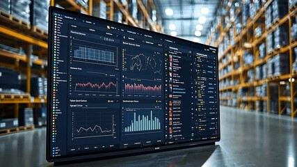 Data visualization on a large screen in a modern warehouse during daytime operations - Powered by Adobe