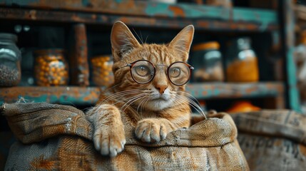 A cat in glasses and sitting on a dirty bag.
