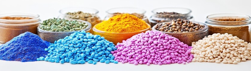 Fototapeta premium Colorful plastic granules & spices. Industrial production. White background