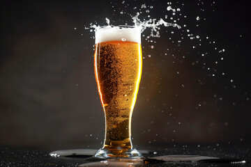 Golden beer with foamy splash in a pint glass, ideal for pub moments and friendly gatherings.
