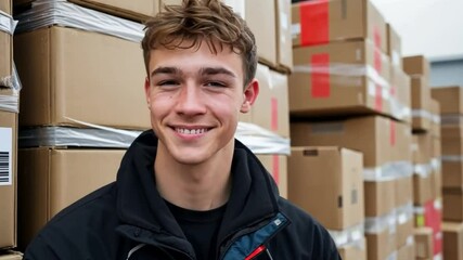 A young man in a courier uniform poses happily with a stack of parcels at a warehouse loading dock, showcasing teamwork and efficiency in the transportation industry.