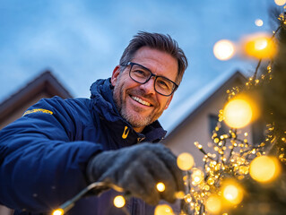 Electrician hanging christmas lights on a bush in a residential area