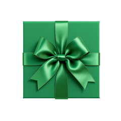 Green gift box with green silk ribbon bow on top view isolated on transparent background