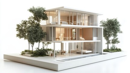 Modern Architectural Design Luxury House Model with Pool and Lush Greenery