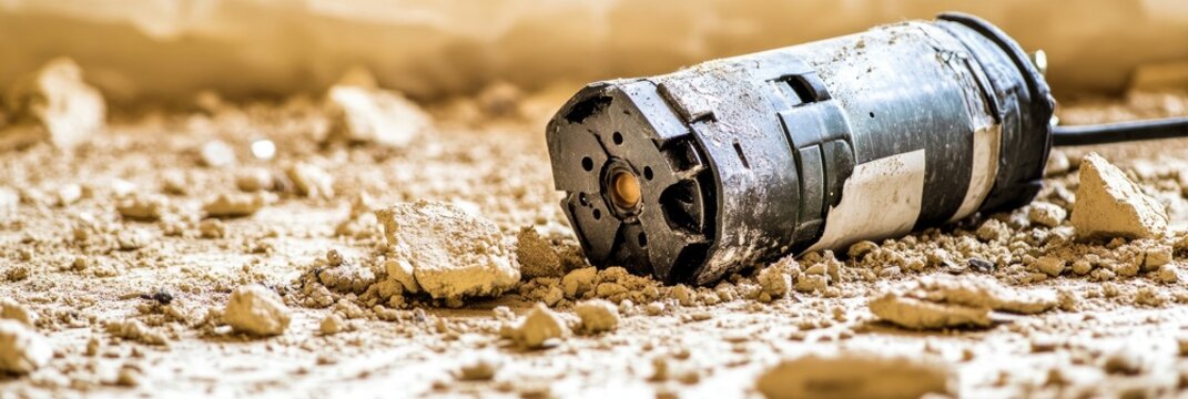 Broken motor, construction debris, indoor site, damaged equipment