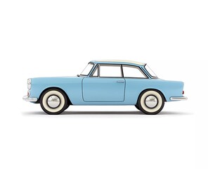 Obraz premium 3D render of a cute blue retro car on a white background, in a cartoon style, with a low-angle shot, side view, soft lighting, isolated, high-resolution photography. 