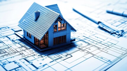 Architectural House Model on Blueprint: Home Design and Construction Planning