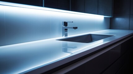 Modern kitchen countertop featuring sleek sink and ambient lighting illuminating the space in a contemporary setting