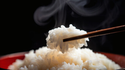 黒い背景に湯気が優雅に立ち上る、炊きたての米のクローズアップ