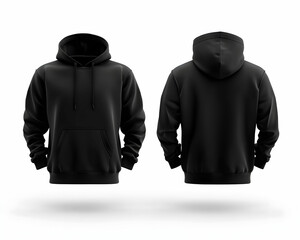 A 3D rendering of a blank black hoodie, showcasing both front and back views, placed against a clean white background