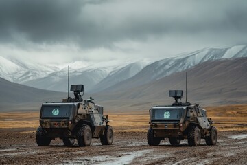Fototapeta premium Military vehicles patrol a mountainous terrain under moody skies in a remote location