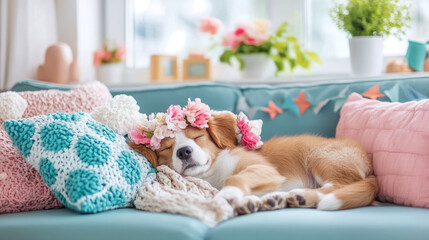 Adorable Puppy Sleeping on a Cozy Sofa with Flower Crown