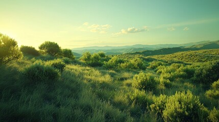 Naklejka premium Serene Sunset Over Rolling Green Hills