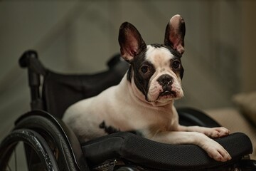 Portrait of adorable pied French bulldog with funny rounded ears lying in wheelchair of his owner...