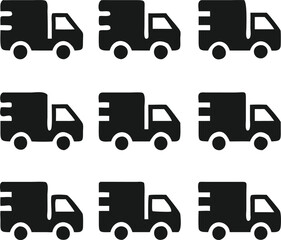 A seamless pattern featuring nine simple, black delivery truck icons on a white background.