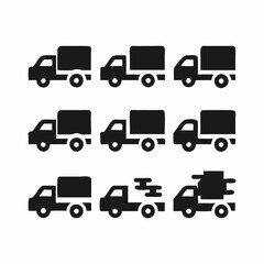 This graphic features a set of simple, black and white icons depicting different types of delivery trucks.