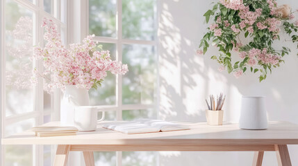 Serene Workspace: Sunlight, Blooms, and Open Book on Wooden Desk