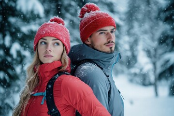 Fototapeta premium Couple enjoying winter hike in snowy forest during a chilly afternoon