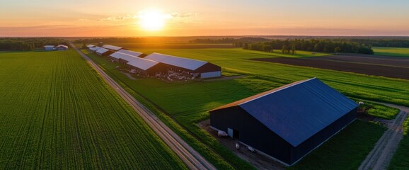 Sunset over rural farmlands, aerial view of barns. Agricultural industry