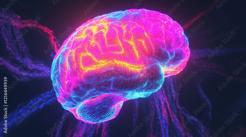 Canvas Prints futuristic 3d render of a neon-colored brain with glowing neural connections on a dark black backgro