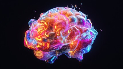 Futuristic 3d render of a neon-colored brain with glowing neural connections on a dark black background, showcasing artificial intelligence, cognitive science, and digital technology concepts in a hig