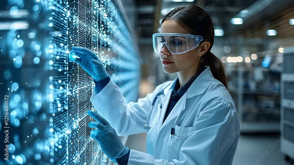 Poster scientist analyzing digital data on a futuristic console in a high-tech laboratory environment