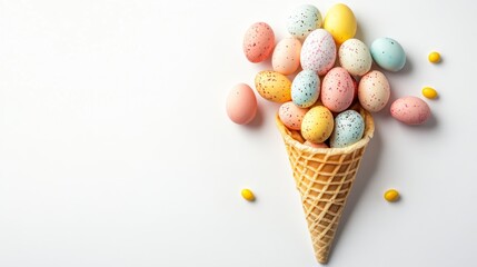 Top view and flat lay of conceptual arrangement decoration for Happy Easter holiday on white background. Colorful pastel eggs and topping spill out of the waffle horn with copy space. 