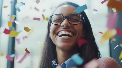 A Woman with Glasses Smiling Amidst Falling Confetti