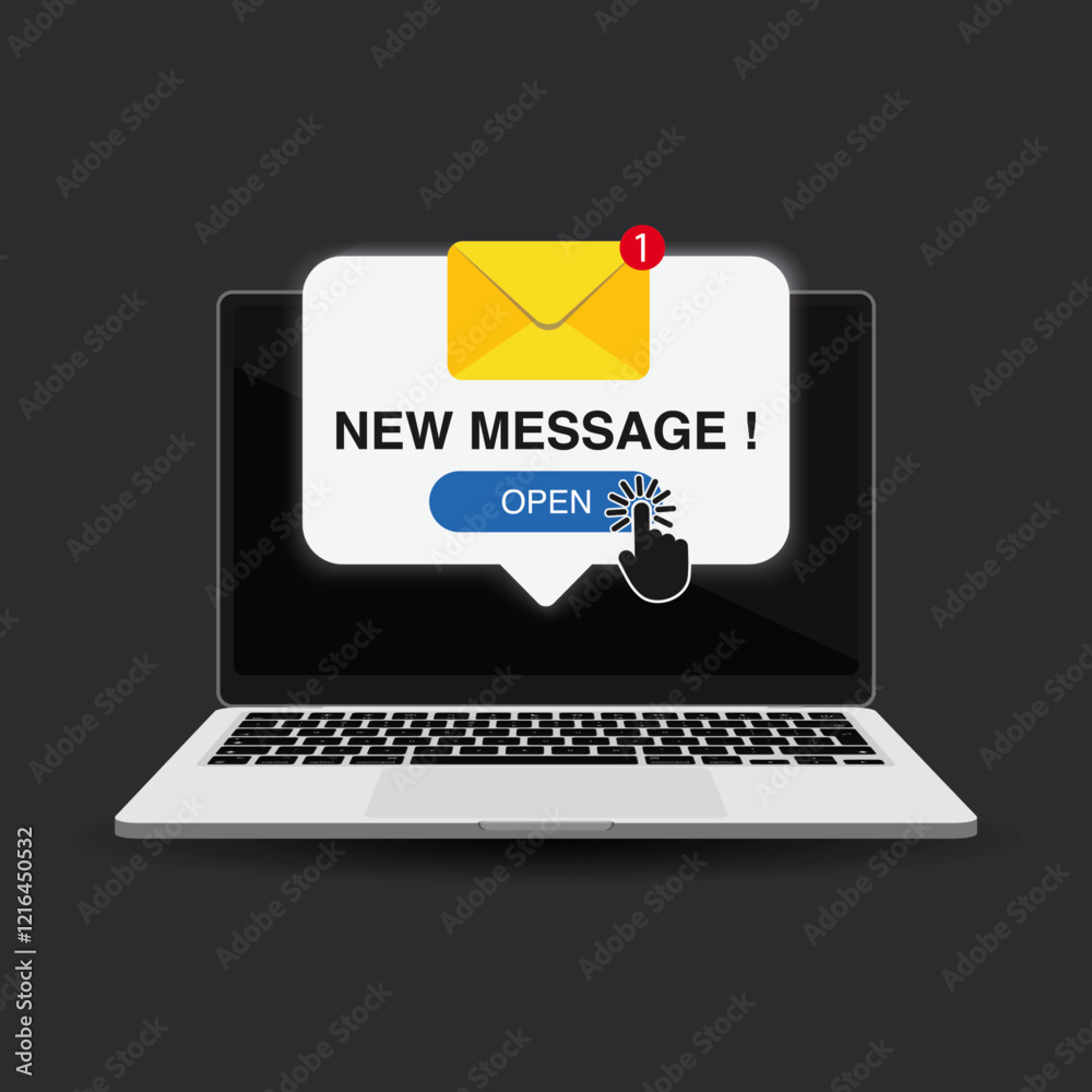 Poster new message and email notification alert: unread messages notification on laptop computer screen.env