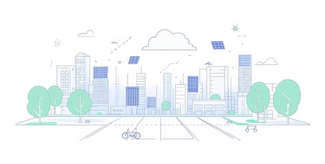 Obraz premium line art vector illustration of smart city with solar panels, trees and bike paths, white background, simple design, minimalistic style, flat design, simple lines, green color palette, blue accents, e