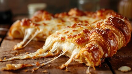 a slice of a croissant crust pizza pulled away horizontally to the side, crust having layers like croissant and there is lots of melted cheese melting away from the pizza piece