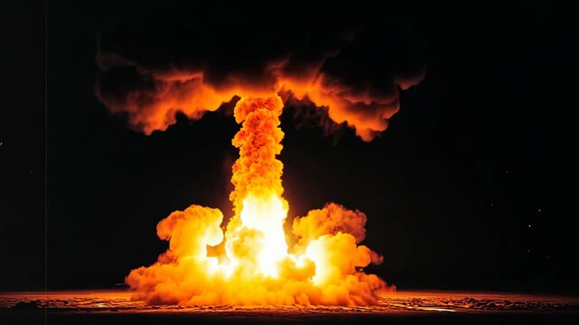 Nuclear explosion creates a mushroom cloud at night showcasing intense fire and smoke