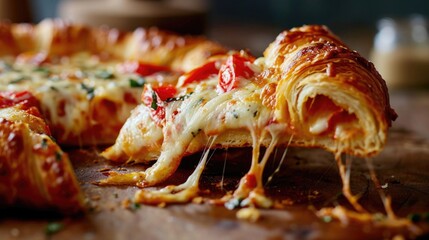 a slice of a croissant crust pizza pulled away horizontally to the side, crust having layers like croissant and there is lots of melted cheese melting away from the pizza piece