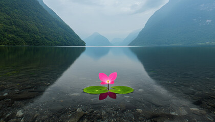 serene lake with pink flower on lily pad in foreground