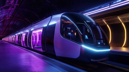 Futuristic Train in a Neon Tunnel