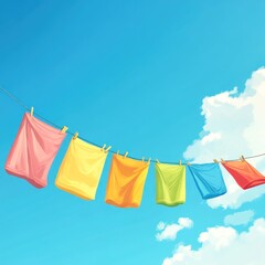 Colorful towels drying on clothesline, sunny sky, clouds
